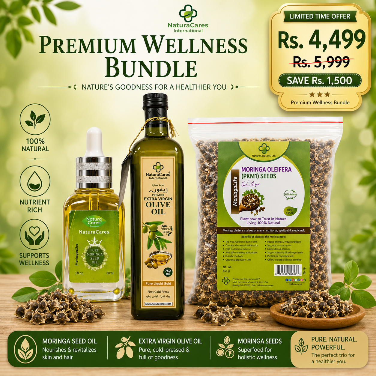 Premium Wellness Bundle – Moringa Seed Oil, Olive Oil & Moringa Seeds (بہترین صحت بنڈل)