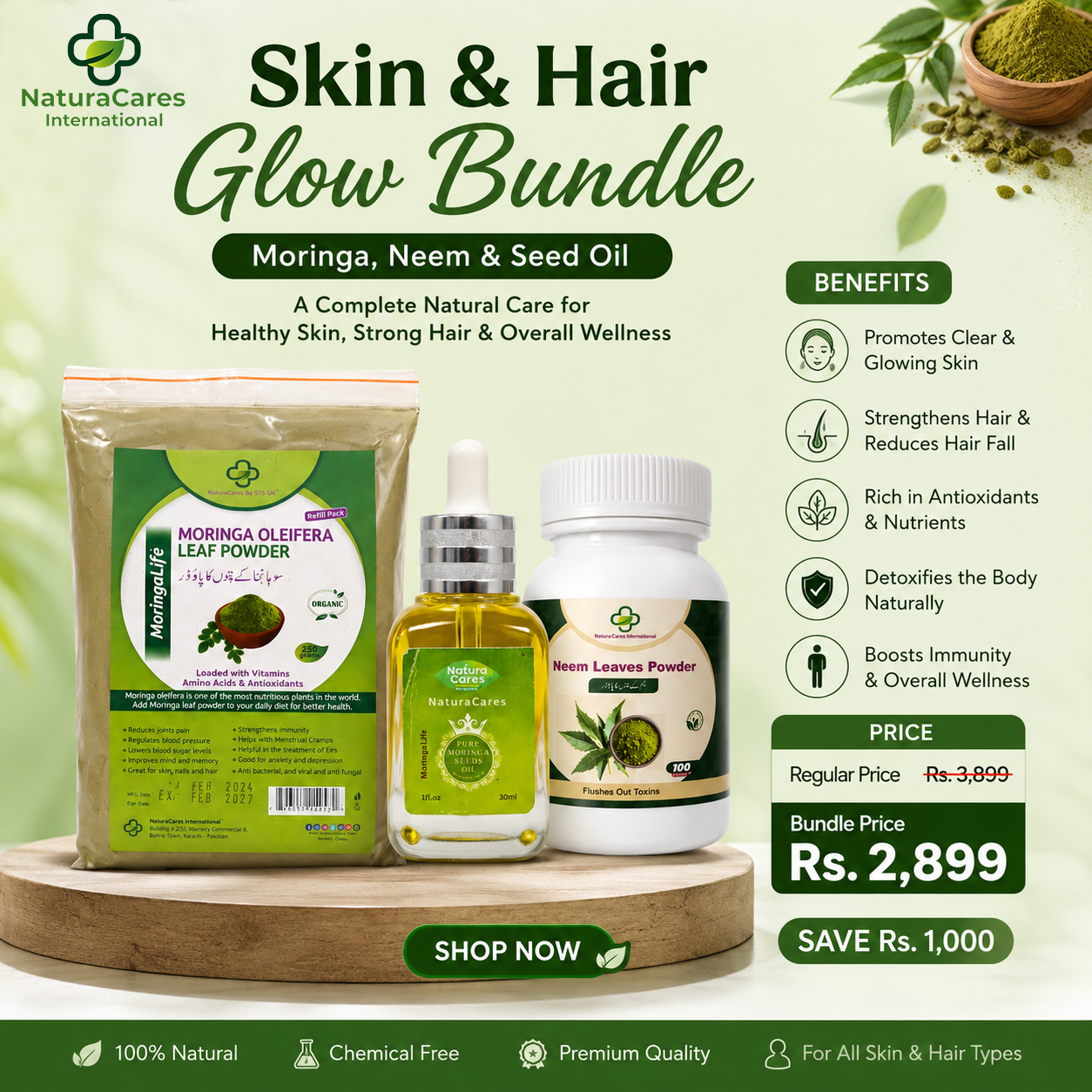 Skin & Hair Glow Bundle – Moringa, Neem & Seed Oil (جلد و بال کی دیکھ بھال بنڈل)